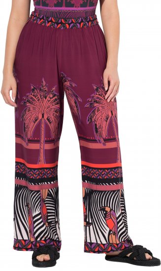 Ulla Popken Mixed Palm Print Elastic Waist Palazzo Pants Red - Traperice & Hlače u Velikim Veličinama – Plus Size - 