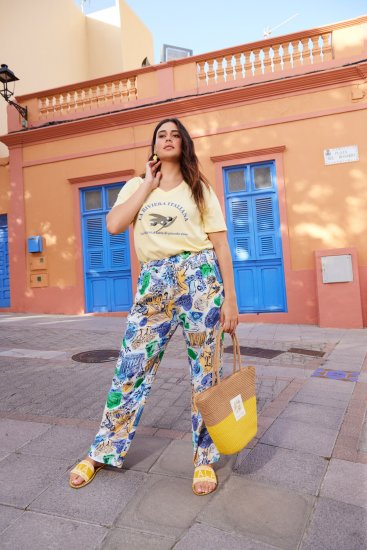 Ulla Popken Italy Print Elastic Waist Pants White - Traperice & Hlače u Velikim Veličinama – Plus Size - 