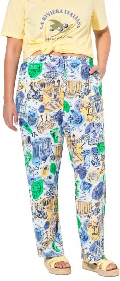 Ulla Popken Italy Print Elastic Waist Pants White - Traperice & Hlače u Velikim Veličinama – Plus Size - 