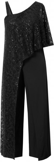 Ulla Popken Asymmetric Lace Panel Jumpsuit Black - Traperice & Hlače u Velikim Veličinama – Plus Size - 