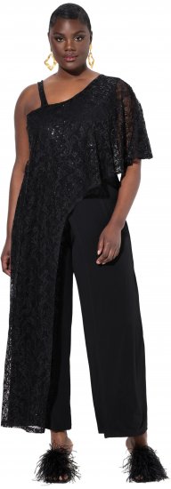 Ulla Popken Asymmetric Lace Panel Jumpsuit Black - Traperice & Hlače u Velikim Veličinama – Plus Size - 