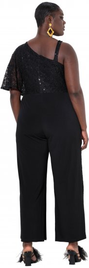 Ulla Popken Asymmetric Lace Panel Jumpsuit Black - Traperice & Hlače u Velikim Veličinama – Plus Size - 
