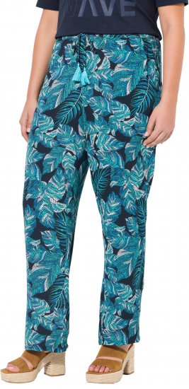 Ulla Popken Tropical Leaf Print Elastic Waist Pants Blue - Traperice & Hlače u Velikim Veličinama – Plus Size - 