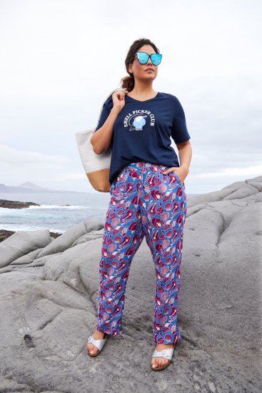 Ulla Popken Seashell Print Elastic Waist Pants Blue - Traperice & Hlače u Velikim Veličinama – Plus Size - 
