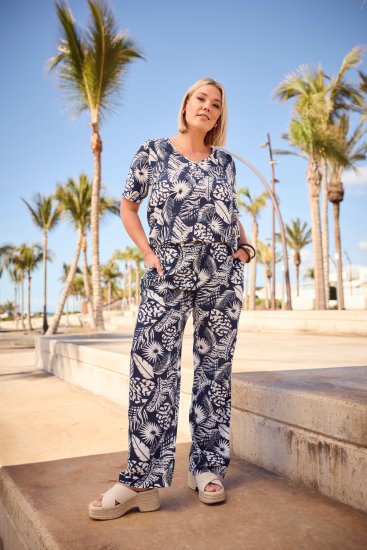 Ulla Popken Feather Print Elastic Waist Pants Blue - Traperice & Hlače u Velikim Veličinama – Plus Size - 