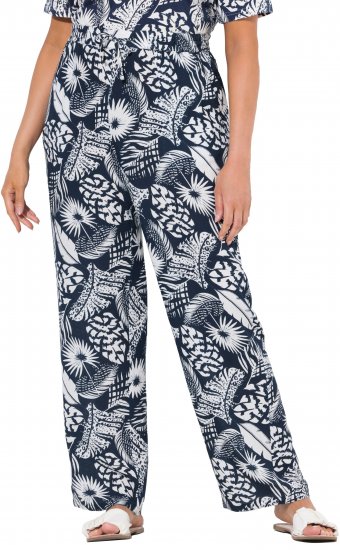 Ulla Popken Feather Print Elastic Waist Pants Blue - Traperice & Hlače u Velikim Veličinama – Plus Size - 