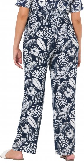 Ulla Popken Feather Print Elastic Waist Pants Blue - Traperice & Hlače u Velikim Veličinama – Plus Size - 