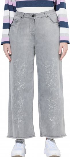 Ulla Popken Embroidered Wide Leg Fringed Hem Jeans Grey - Traperice & Hlače u Velikim Veličinama – Plus Size - 