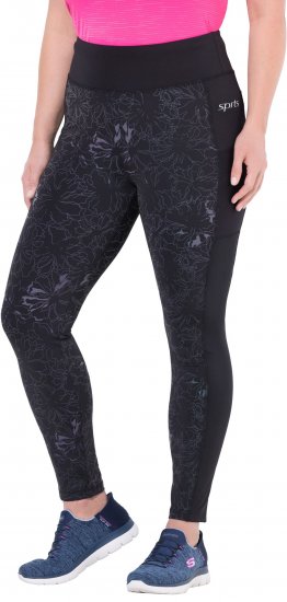 Ulla Popken Quick Drying Flower Print Leggings Black - Traperice & Hlače u Velikim Veličinama – Plus Size - 