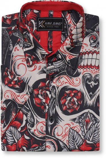 Kam Jeans 6062 Skull And Roses Print Short Sleeve Shirt Black - Košulje - Muške Košulje Veliki Brojevi