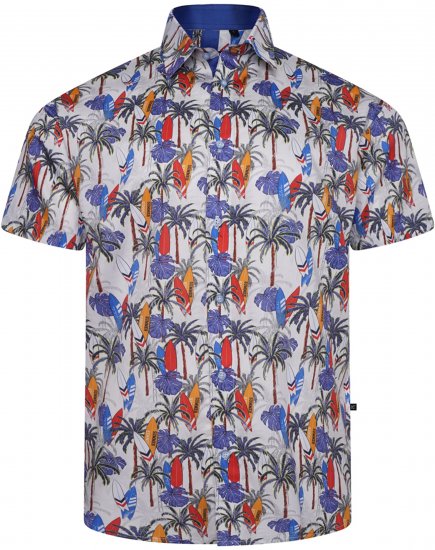 Kam Jeans 6060 Palm Tree and Surf Boards Short Sleeve Shirt White - Košulje - Muške Košulje Veliki Brojevi