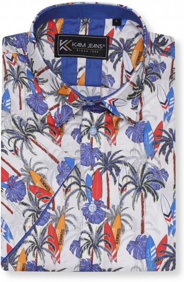 Kam Jeans 6060 Palm Tree and Surf Boards Short Sleeve Shirt White - Košulje - Muške Košulje Veliki Brojevi
