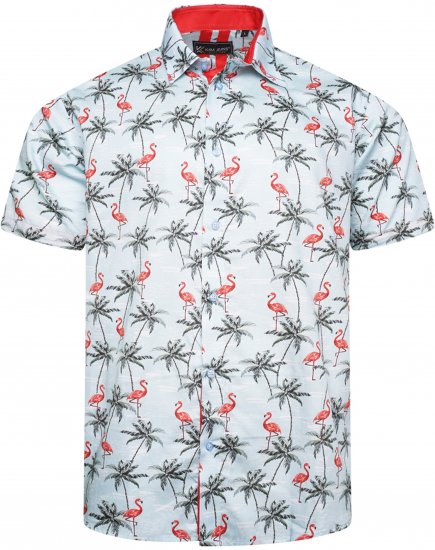 Kam Jeans 6067 Flamingo and Palm Tree Short Sleeve Shirt Blue - Košulje - Muške Košulje Veliki Brojevi