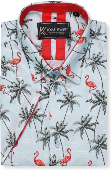 Kam Jeans 6067 Flamingo and Palm Tree Short Sleeve Shirt Blue - Košulje - Muške Košulje Veliki Brojevi