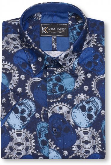 Kam Jeans 6070 Retro Skull Short Sleeve Shirt Navy - Košulje - Muške Košulje Veliki Brojevi