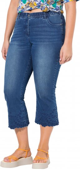 Ulla Popken Cropped Flared Eyelet Jeans Denim Blue - Traperice & Hlače u Velikim Veličinama – Plus Size - 