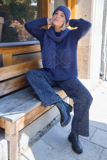Ulla Popken Textured Glitter Embroidery Oversized Sweater Ink Blue - Puloveri & dukserice - 