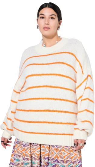 Ulla Popken Oversized Striped Balloon Sleeve Sweater Off-White - Puloveri & dukserice - 