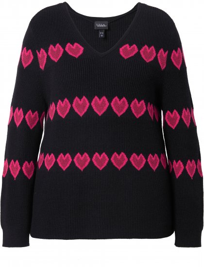 Ulla Popken Heart Print Long Sleeve V-Neck Sweater Black - Puloveri & dukserice - 