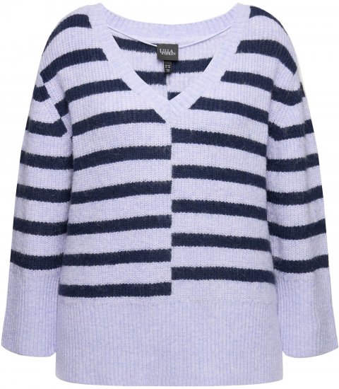 Ulla Popken Split Stripe Long Sleeve V-Neck Sweater Blue Grey - Puloveri & dukserice - 