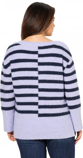 Ulla Popken Split Stripe Long Sleeve V-Neck Sweater Blue Grey - Puloveri & dukserice - 