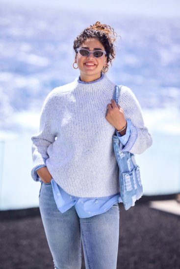 Ulla Popken Striped Wool Blend Turtleneck Sweater Sky Blue - Puloveri & dukserice - 