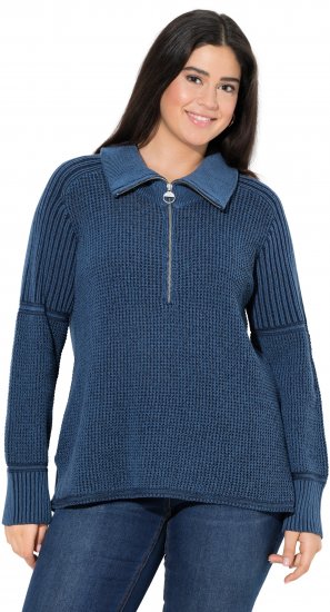 Ulla Popken Two-Tone Mixed Knit Troyer Collar Sweater Navy - Puloveri & dukserice - 