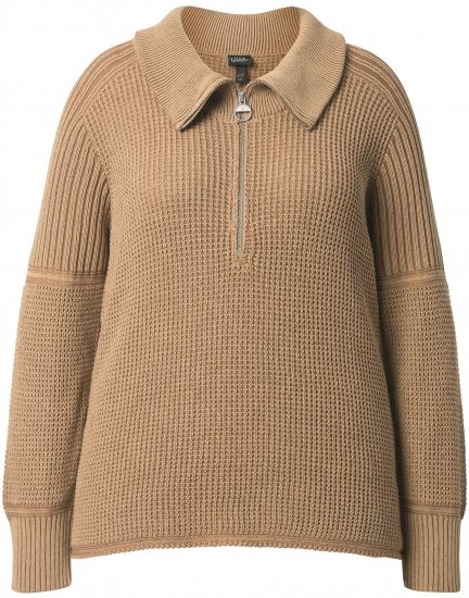 Ulla Popken Two-Tone Mixed Knit Troyer Collar Sweater Caramel - Puloveri & dukserice - 