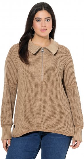 Ulla Popken Two-Tone Mixed Knit Troyer Collar Sweater Caramel - Puloveri & dukserice - 