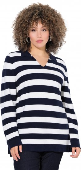 Ulla Popken Striped Polo Collar Long Sleeve Sweater Navy - Puloveri & dukserice - 