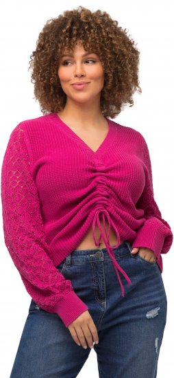 Ulla Popken Shaker Stitch Cropped Gathered Sweater Fuchsia Pink - Puloveri & dukserice - 