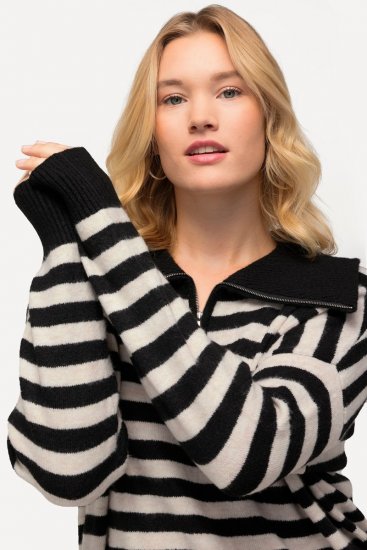 Ulla Popken Striped Troyer Collar Sweater Black - Puloveri & dukserice - Udobne dukserice, hoodice i pletenina