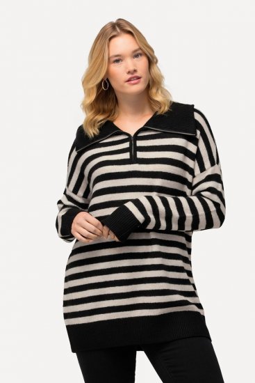 Ulla Popken Striped Troyer Collar Sweater Black - Puloveri & dukserice - Udobne dukserice, hoodice i pletenina