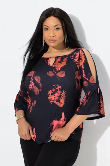 Ulla Popken Botanical Print Cold Shoulder Top Black - Majice - 