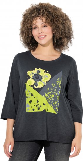 Ulla Popken Graphic Patch Print 3/4 Sleeve T-Shirt Black - Majice - 