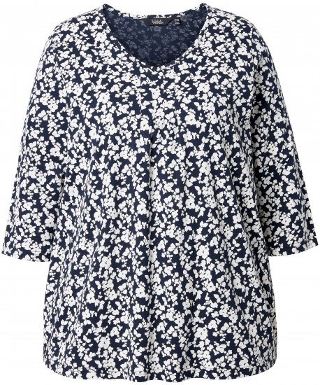 Ulla Popken Floral 3/4 Sleeve V-Neck A-Line Tee Navy - Majice - 