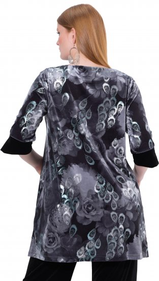 Ulla Popken Velvet Peacock Feather 3/4 Sleeve Tunic Blouse Black - Majice - 