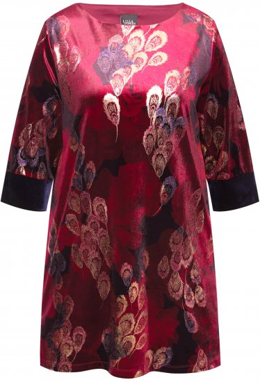 Ulla Popken Velvet Peacock Feather 3/4 Sleeve Tunic Blouse Wine Red - Majice - 