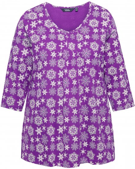 Ulla Popken Snowflake Print 3/4 Sleeve A-Line Tee Dark Purple - Tiskana majica za žene - 