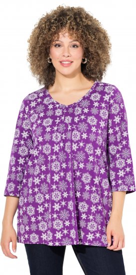 Ulla Popken Snowflake Print 3/4 Sleeve A-Line Tee Dark Purple - Tiskana majica za žene - 