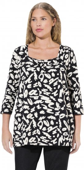 Ulla Popken Scribble Print Square Neck 3/4 Sleeve Tee Black - Tiskana majica za žene - 