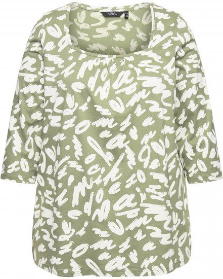 Ulla Popken Scribble Print Square Neck 3/4 Sleeve Tee Sage Green - Tiskana majica za žene - 