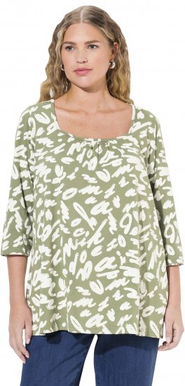 Ulla Popken Scribble Print Square Neck 3/4 Sleeve Tee Sage Green - Tiskana majica za žene - 
