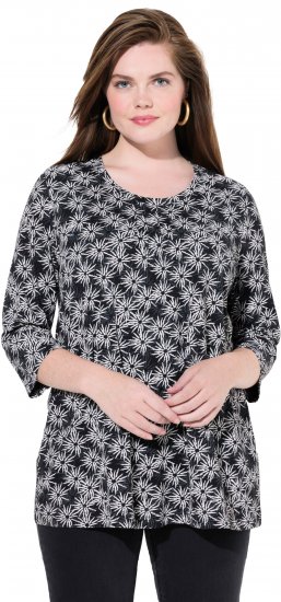 Ulla Popken Graphic Flower A-Line 3/4 Sleeve Tee Black - Majice - 