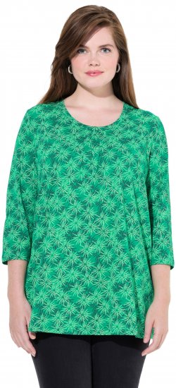 Ulla Popken Graphic Flower A-Line 3/4 Sleeve Tee Moss Green - Majice - 