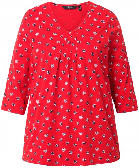 Ulla Popken Minimal Floral Print 3/4 Sleeve Tee Neon Red - Tiskana majica za žene - 