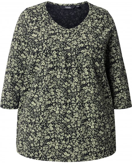 Ulla Popken Pleated Floral Print 3/4 Sleeve Tee Pond Green - Tiskana majica za žene - 