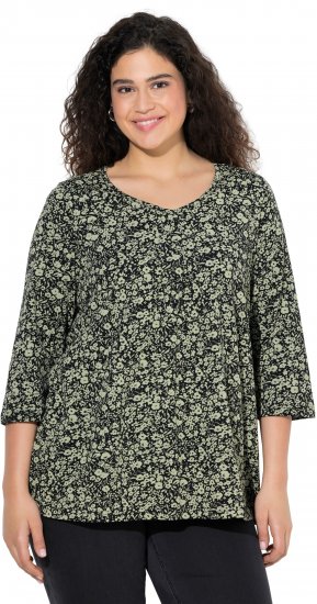 Ulla Popken Pleated Floral Print 3/4 Sleeve Tee Pond Green - Tiskana majica za žene - 