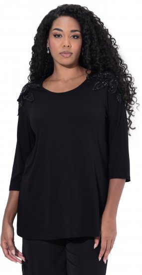 Ulla Popken Flower Epaulet 3/4 Sleeve Top Black - Tiskana majica za žene - 