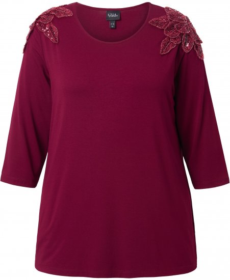Ulla Popken Flower Epaulet 3/4 Sleeve Top Dark Cherry Red - Tiskana majica za žene - 